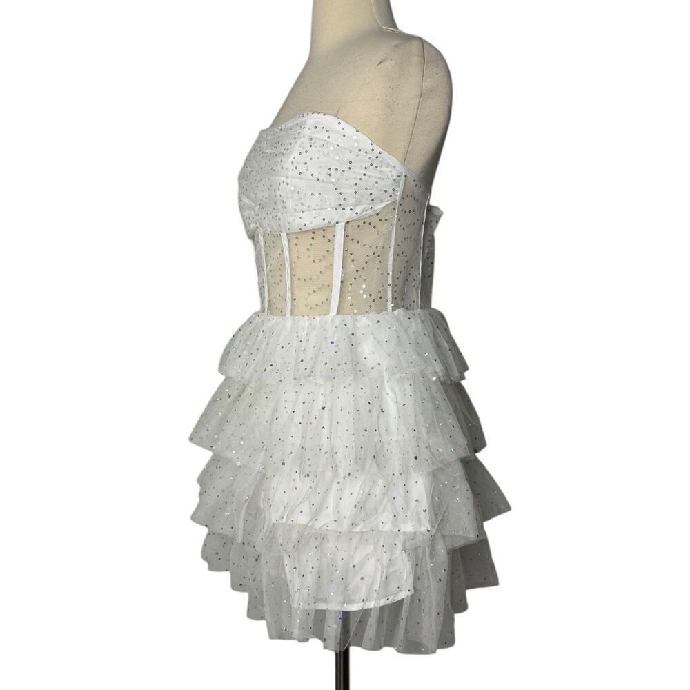 Iridescent Sparkly Sequin Tiered Tulle Mini Dress Mesh Corset Boned Strapless L - Picture 7 of 10